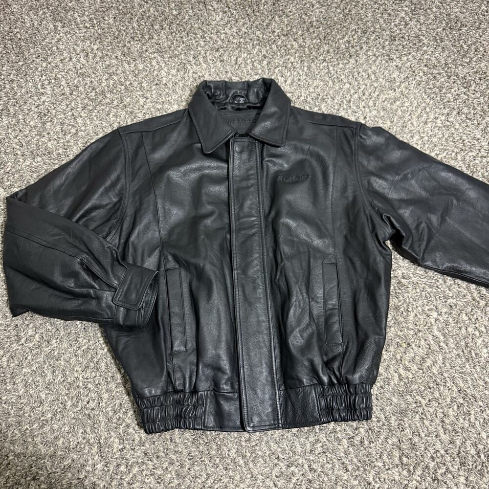 Netjets Leather Jacket Mens L Black Full Zip Bomber Aviator Flight Travel Coat